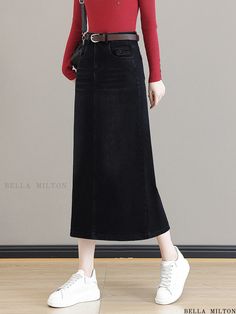 Bellamilton - Vintage High-Waisted Denim Midi Skirt with Plush Lining, Lower Body Coverage, Thigh-high Side Slits, and Form-fitting Appeal Casual Full-length Stretch Denim Skirt, Straight Leg Stretch Skirt With Pockets, Black Straight-leg Denim Skirt For Fall, High-waisted Denim Skirt, Black Straight Leg Denim Skirt For Fall, Solid High-waist Denim Skirt, Black Denim Skirt For Fall, Straight Leg, Fall High Waist Denim Skirt, High Waisted Denim Skirt