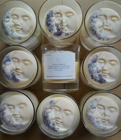 eight candles with faces on them are arranged in a circle and each candle has a label that says,