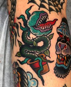 a man's arm with tattoos on it and an image of a dragon, snake, and skull