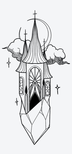 a black and white drawing of a church tower