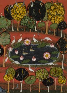 an artistic painting with trees and birds in the background, including water lilies on red ground