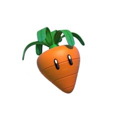 an orange carrot with two eyes and green leaves sticking out of it's top