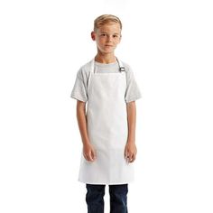 a young boy wearing an apron and jeans