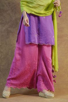 Iris purple kurta with zari, thread and cutwork hand embroidery. Comes with pink palazzo and a lime green dupatta. - Aza Fashions Cutwork Hand Embroidery, Green Dupatta, Iris Purple, Kurta Palazzo Set, Palazzo Set, Cut Work, Color Textures, Set For Women, Aza Fashion