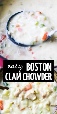 a close up of a bowl of clam chowder with a spoon in it