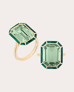 Set atop an 18-karat gold band, this artful ring features an emerald-cut prasiolite face detailed with inlaid malachite along its octagonal bezel. From Goshwara's Mélange Collection. 18k gold, prasiolite and malachite Carat: 1.53 ctw malachite, 9.39 ctw prasiolite Polish with soft cloth Made in Thailand Measurements Prasiolite width: 0.56in Prasiolite length: 0.76in Malachite Ring, Scarf Trends, Malachite Rings, Emerald Cut Rings, Large Jewelry, By Malene Birger, Fashion Jewelry Earrings, Gold Band, Emerald Cut