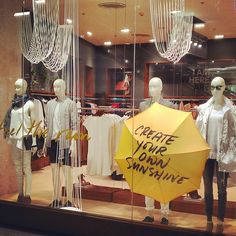 Umbrella Window Display, Spring Window Display Ideas Store Fronts, Store Front Window Display, Charity Shop Display Ideas, Boutique Window Displays, Spring Window Display, Store Front Windows, Create Your Own Sunshine