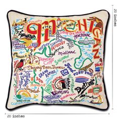 a pillow with the words and pictures on it