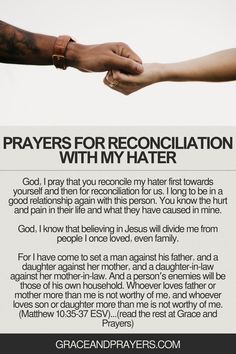 Reconciliation with someone who opposes you can feel impossible, but prayer invites God’s healing and peace into the situation. ​ ​Discover prayers that ask for His guidance, forgiveness, and grace to restore broken relationships. ​ ​Find these heartfelt prayers at Grace and Prayers, and trust Him to bring reconciliation in His perfect time.