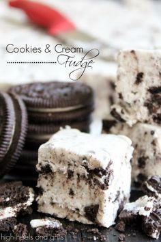 cookies and cream fudges are stacked on top of each other with oreos