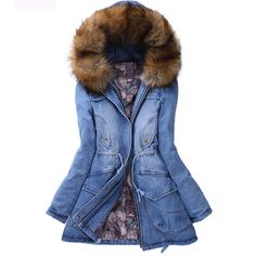 Big Wool Hooded Drawstring Jean Mid-length Cotton Coat Jean Jacket With Hoodie, Denim Parka, Casual Trench Coat, Drawstring Jeans, Jacket With Hoodie, Warm Coats, Casual Denim Jacket, Outwear Fashion, Fur Collar Coat