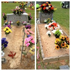 two pictures of flowers and headstones in the sand at a cemetery, one is decorated with an american flag