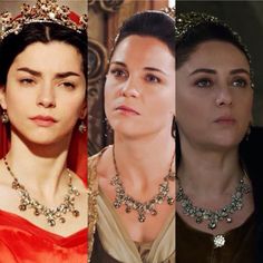 three different women wearing tiaras and necklaces, one is looking at the camera