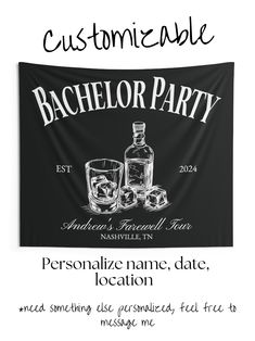 a black and white photo with the words bachelor party on it, next to an image of two bottles of alcohol