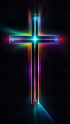 the cross is glowing brightly on a dark background with light beams coming from behind it