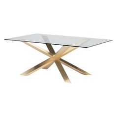 a glass table with wooden legs and a gold finish on the top, against a white background