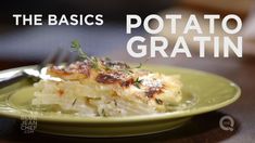 a green plate topped with potato gratin