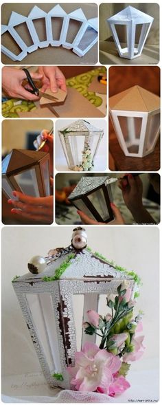 the instructions for how to make an origami lantern with flowers and leaves on it