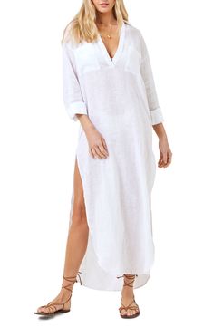 Look effortlessly chic on the beach or by the pool in this linen cover-up fashioned with breezy side slits. 55" length Spread collar Split neck Long sleeves 100% linen Hand wash, dry flat Imported Chic V-neck Linen Beach Dress, V-neck Linen Dress For The Beach, Chic Linen Beach Dress For Vacation, Chic Linen Beach Dress For Spring, Beach Linen Dress With Side Slits, Linen Beach Dresses With Side Slits, Linen Cover-up For Spring Vacation, Long Sleeve Beach Dresses With Side Slits, Linen Beach Cover-up