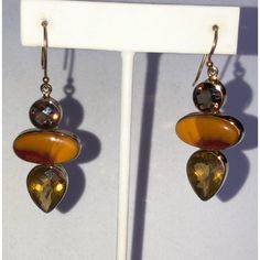 Mookaite, Smoky Topaz & Madeira Citrine Gemstones (25.60 Cts) In 18k Yellow Gold Over Sterling Silver Earrings *Artisan’s Mark **Checkerboard Faceted Face Topaz & Citrine Elegant Brown Jewelry With Stones, Brown Teardrop Gemstone Jewelry, Elegant Yellow Earrings With Natural Stones, Gold Teardrop Gemstones, Elegant Amber Multi-stone Jewelry, Elegant Multicolor Citrine Jewelry, Gold Multi-stone Dangle Gemstones, Gold Sterling Silver Earrings With Stones, Smoky Topaz