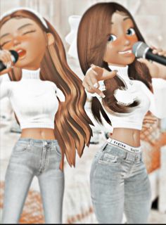 two cartoon girls singing into microphones in front of a stage with an audience behind them