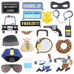 an assortment of police related items on a white background