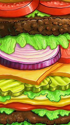 a painting of a large hamburger with lettuce and tomato slices on the side