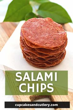 some food is stacked on top of each other with the words, salami chips