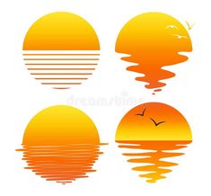 four different sunsets with birds flying over the water royalty images and clippings