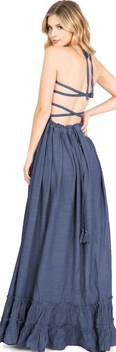 #denim #denimlovers #denimfashion #chambraydress #dresses #dressesonline #springstyle #springfashion #openbackdress #marinalaswick Flowy Maxi Dress With Smocked Bodice, Maxi Dress With Smocked Back And Flowy Skirt, Summer Beach Maxi Dress With Drawstring, Flowy Maxi Dress With Smocked Back, Flowy Maxi Dress With Elastic Waistband For Vacation, Spring Beach Maxi Skirt With Smocked Back, Beach Maxi Dress With Elastic Waistband And Flowy Skirt, Bohemian Drawstring Maxi Dress For Summer, Summer Maxi Length Dress With Drawstring