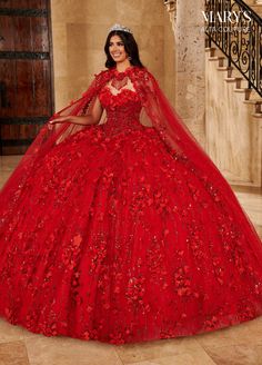 Cape Quinceanera Dress by Alta Couture MQ3075 – ABC Fashion Ball Gowns Colorful, Quinceanera Dresses Red And White, Quinceanera Red Theme, Dresses Quinceanera Red, Red Sweet 16 Dresses, Red Quince Dress, Cape Dress Long, Stitch Wallpapers, Sweetheart Dance