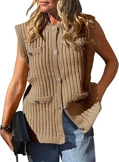 Saodimallsu Womens Sleeveless Sweater Vest Button Up Cable Knit Crew Neck Trendy Casual Loose Summer Cardigan Sleeveless Sweater Vest, Summer Cardigan, Short Cardigan, Sleeveless Cardigan, Cable Knit Cardigan, Lightweight Cardigan, Loose Sweater, Sleeveless Vest, Sleeveless Sweater