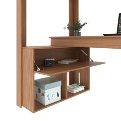 a computer desk with books and a laptop on top of it, in front of a white background