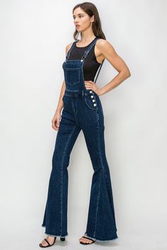 These stylish Dark Denim Flare Overalls are crafted from durable materials for a timeless look. With their flared leg design, these overalls provide a flattering silhouette while keeping you comfortable all day. The perfect addition to your wardrobe! Sizing category: Regular Pattern type: Solid Style: Chic, casual Features: Tie, pockets Neckline: Scoop neck Length: Long Sleeve length: Sleeveless Sleeve type: Sleeveless Material: cotton, spandex polyester Stretch: No stretch Sheer: No Body: Not l Fall Denim Wide Leg Overalls, Fall Wide Leg Denim Overalls, Wide Leg Denim Overalls For Fall, Denim Wide-leg Overalls For Fall, Dark Wash Full Length Denim Jumpsuit, Flare Overalls, Chic Casual, Leg Design, Denim Flares