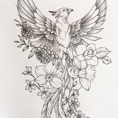 a drawing of a bird with flowers on it's back and its wings spread