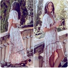 Boho High-Low Dress With Open Back And Tie Front In A Beautiful Rayon Bohemian Print. High Low Midi Dress, Bohemian Dresses, Target Dress, Summer Beach Dress, Dresses Boho, Dress With Open Back, Bohemian Print, Crochet Halter Tops, White Chiffon