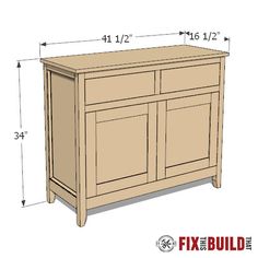 an image of a cabinet with measurements for the doors and drawers on it's sides