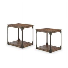 two wooden side tables with metal legs and one end table on each side, both in brown