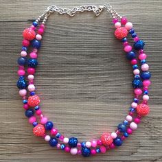 "💞One of a kind & ready to ship💞 A great statement piece! Two of layers of SERIOUSLY gorgeous beads, hand dyed with blue and pink tones. This also features glass crystals, acrylic marble beads, and blue & pink glitter mirror balls. 16\" long with a 4\" extender chain. Need MORE necklaces? Send me a message :) *Smoke and pet free home!* I ship 6 days a week! Thank you for browsing my store! Like this style but prefer another color? Check out our other BIG BEAD necklaces: https://www.ets Playful Blue Jewelry For Party, Playful Blue Adjustable Beaded Necklace, Playful Adjustable Blue Beaded Necklace, Cute Blue Necklace For Birthday, Playful Pink Necklaces For Party, Playful Pink Necklace For Party, Pink Playful Party Necklaces, Playful Pink Party Necklaces, Playful Blue Beaded Necklaces For Gifts