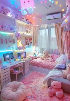 a bedroom with pink carpet and teddy bears on the walls, lights in the ceiling