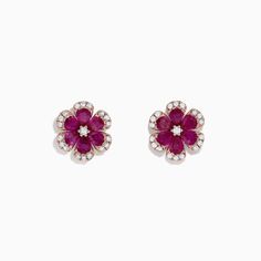 Effy Nature 14K Rose Gold Ruby and Diamond Flower Earrings, 2.28 TCW Diamond Earrings Indian, Diamond Flower Earrings, Ruby Flower, Nature Rose, Flower Earrings Gold, Ruby Earrings Studs, Gold Jewelry Simple Necklace, Diamond Tiara, Jewelry Photoshoot