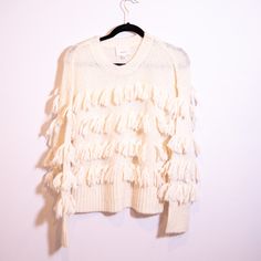 Cinq A Sept Aurelia Mohari Wool Blend Knit Stretch Fringe Pullover Sweater Ivory Allover Fringe Tassels Round Neckline And Long Sleeves 49% Nylon/24% Acrylic/17% Mohair/10% Merino Wool [Kamensky] Cinq A Sept, Fringe Sweater, Tassel Fringe, Ivory Color, Cream White, Pullover Sweater, Round Neckline, Pullover Sweaters, Merino Wool