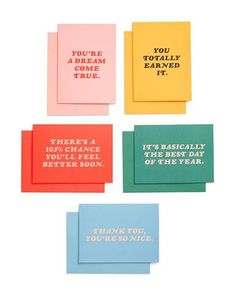 four different colored greeting cards with words on the front and one saying, you're too