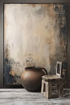 a large vase sitting next to a wooden chair in front of a painting on the wall