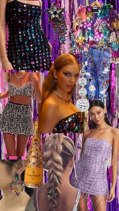 the collage shows different types of clothing and accessories, including dresses, necklaces, hair