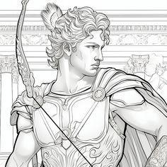 a black and white drawing of a roman soldier holding a bow in one hand and an arrow in the other