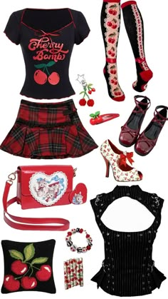 2000’s Outfits, Cute Colorful Outfits, Character Design Clothes, Barbie Fits, Gothic Heart, Creepypasta Oc, Cherry Girl, Red Y2k, Alt Clothes