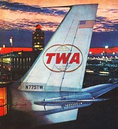 an advertisement for the new airliner twa from 1971, featuring two jets in front of a cityscape