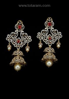 18 karat gold '2 in 1' detachable diamond jhumkas - diamond dangle earrings with color stones & south sea pearls
  width of the jhumka : 0.95 inches
  this product has inter changeable stones in the earrings
  
  note: only the front side has diamonds as shown in the picture, the back part of the jhumka which is not visible from the front is only gold without diamonds

introducing our exquisite 18 karat gold '2 in 1' detachable diamond jhumkas - the epitome of elegance and sophistication. handcr Diamond Gold Jhumkas For Reception, Gold Diamond Jhumkas For Reception, Yellow Gold Chandbali Jhumkas For Reception, Yellow Gold Jhumkas For Reception And Festivals, Diamond Jhumkas, Color Stones, Diamond Dangle Earrings, Gold Jewelry Indian, South Sea Pearls