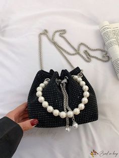 Bird in Bag - Fashionable Womens Rhinestone Clutch Shoulder Bag with Faux Pearl Chain Strap for Shopping Chic Bling Shoulder Bag, Rhinestone Clutch, Polyvinyl Chloride, Pearl Chain, Bird In Bag, Bag Bag, Chain Strap, Faux Pearl, Bucket Bag